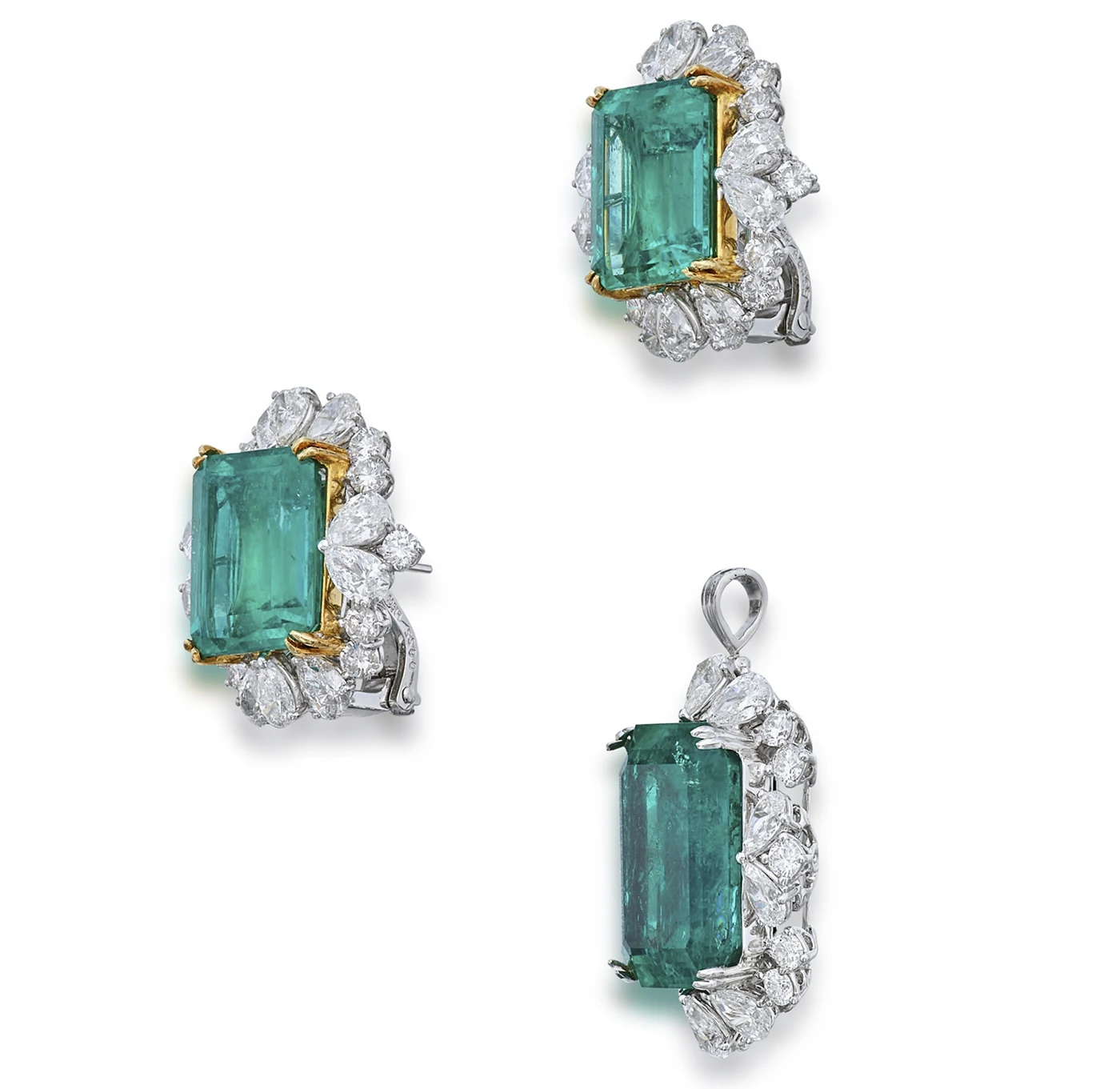 White and Yellow Gold Emerald Diamond Earrings and Pendant Set. Sotheby’s Winter Auction Shines with Iconic Jewelry and Charitable Contributions. US