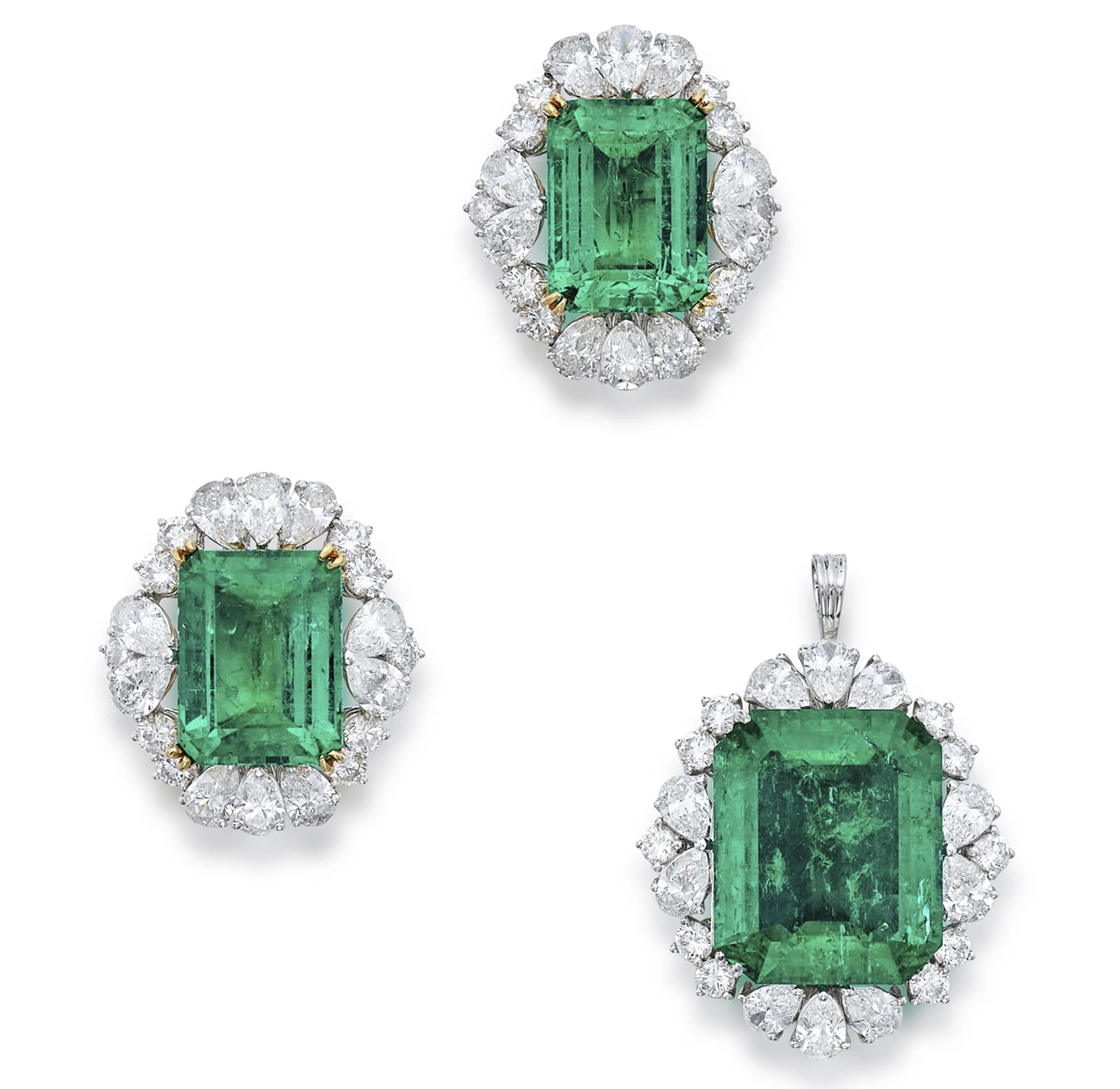 Emerald Diamond Earrings and Pendant Set. Sotheby’s Winter Auction Shines with Iconic Jewelry and Charitable Contributions. US