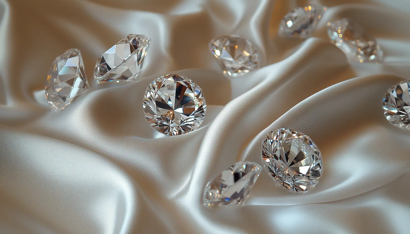 Round-cut diamonds on white fabric. Mystical Properties of Precious Stones. US