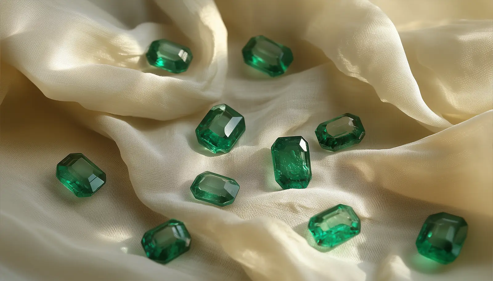 Octagon-cut emeralds on white fabric. Mystical Properties of Precious Stones. US