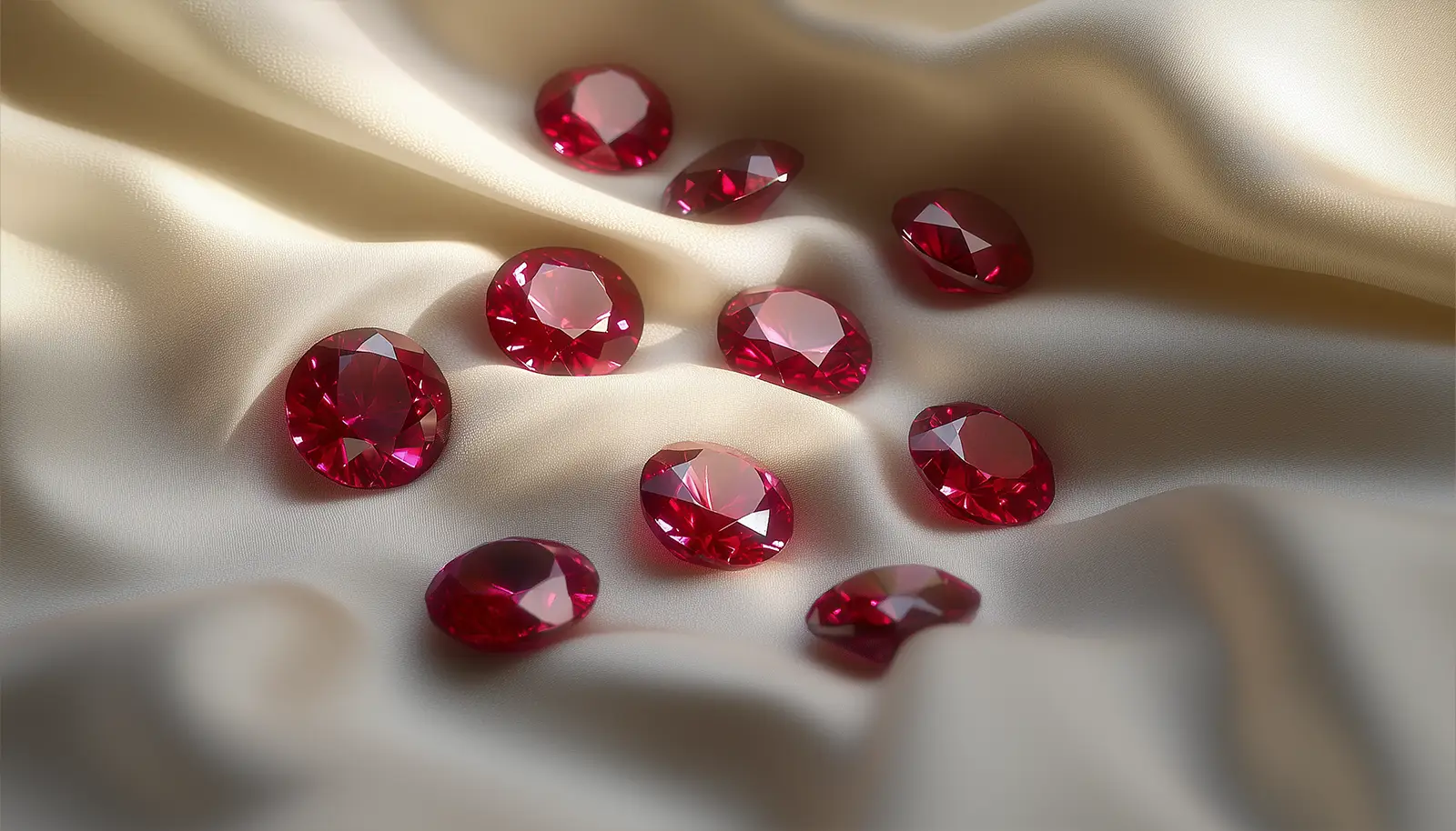 Round-cut rubies on white fabric. Mystical Properties of Precious Stones. US