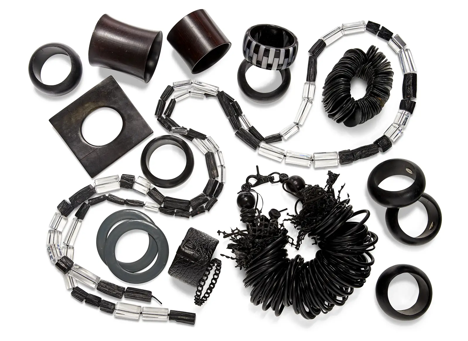 Collection of Black and white bangles and necklaces. Dressing Boldly, Living Boldly: Iris Apfel’s Treasures on Auction. US