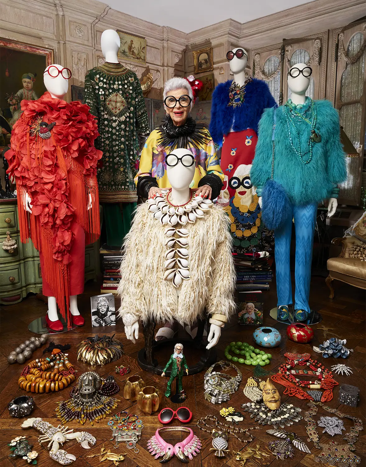 Different jewelry and outfits. Dressing Boldly, Living Boldly: Iris Apfel’s Treasures on Auction. US