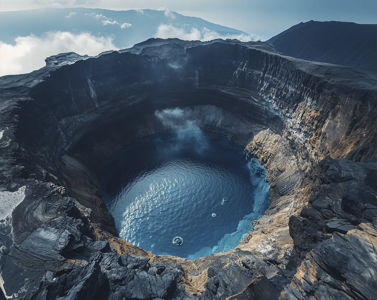 A volcanic crater containing a serene blue lake. Nature’s Masterpieces: The Gems Shaped by Volcanic Activity. News