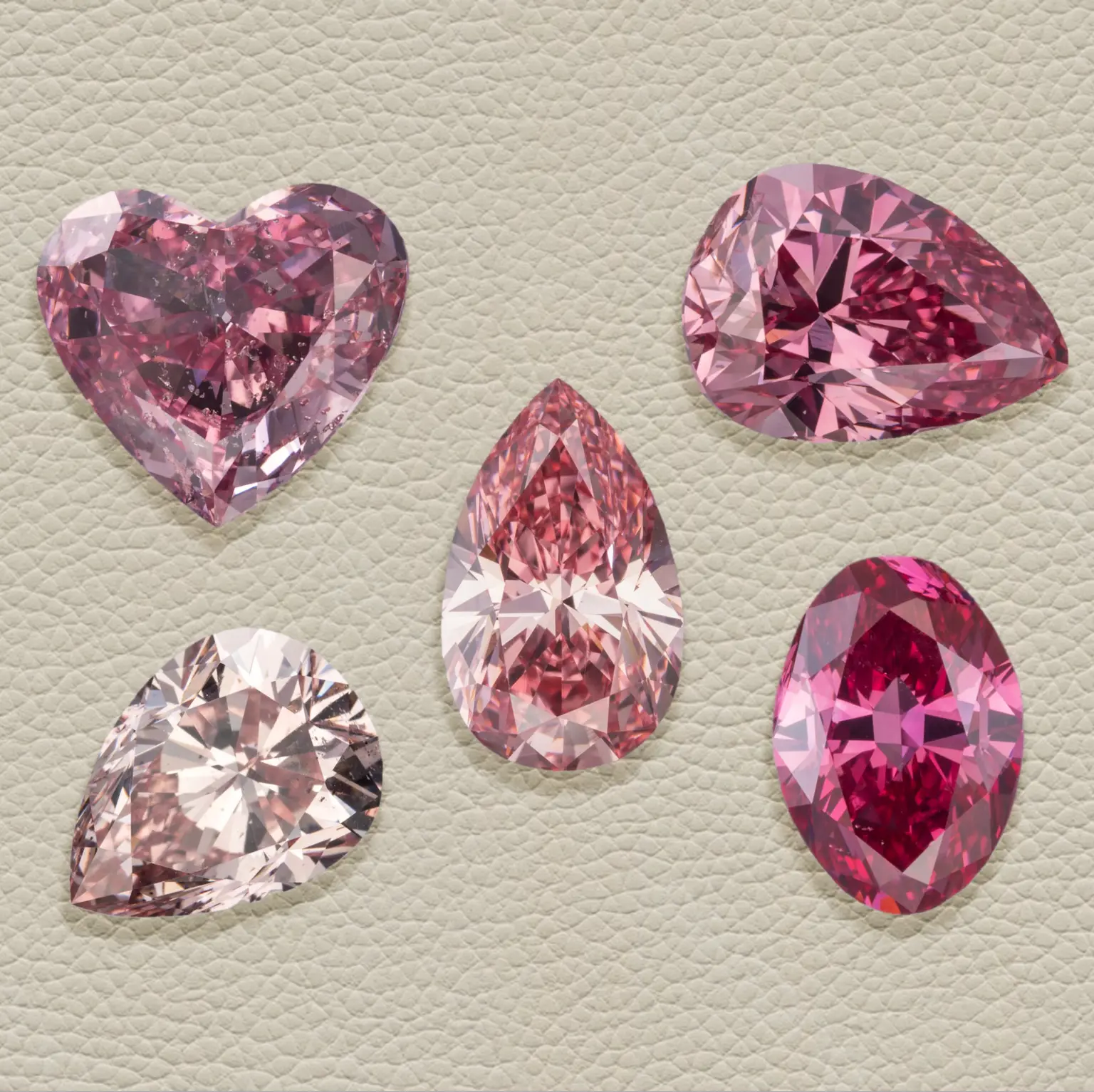 A collection of five exquisite Fancy Pink diamonds, showcasing one of the rarest natural diamond hues. Smithsonian Receives Historic Diamond Donation from Ronald Winston. News