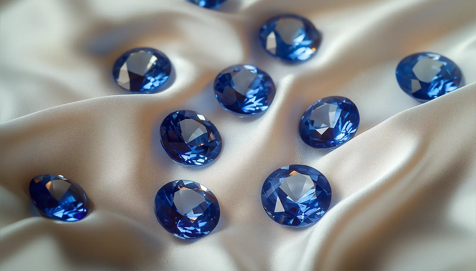 Round-cut blue sapphires on white fabric. Mystical Properties of Precious Stones. US