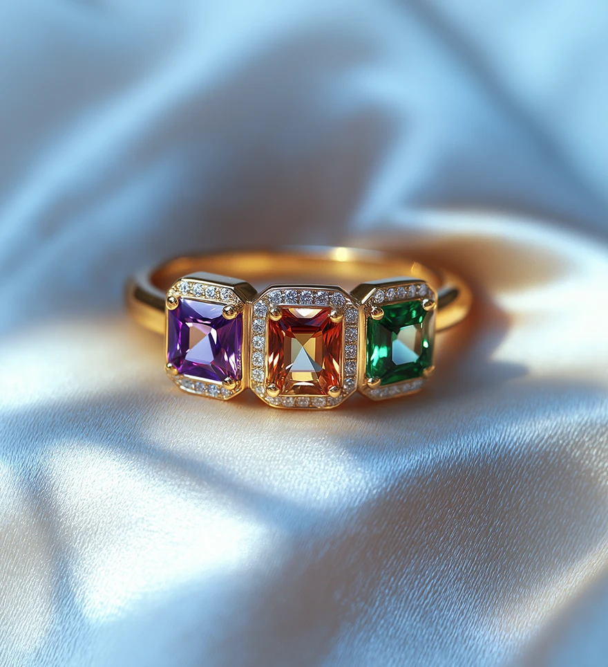 Yellow Gold Custom Mother’s ring with octagon-cut citrine, emerald, amethyst, framed by diamonds. Personalized Mother’s Rings. US