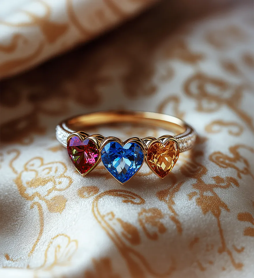 Yellow Gold Personalized Mother’s ring with heart-cut sapphire, ruby, and citrine. Diamonds on sides of ring. Personalized Mother’s Rings. US