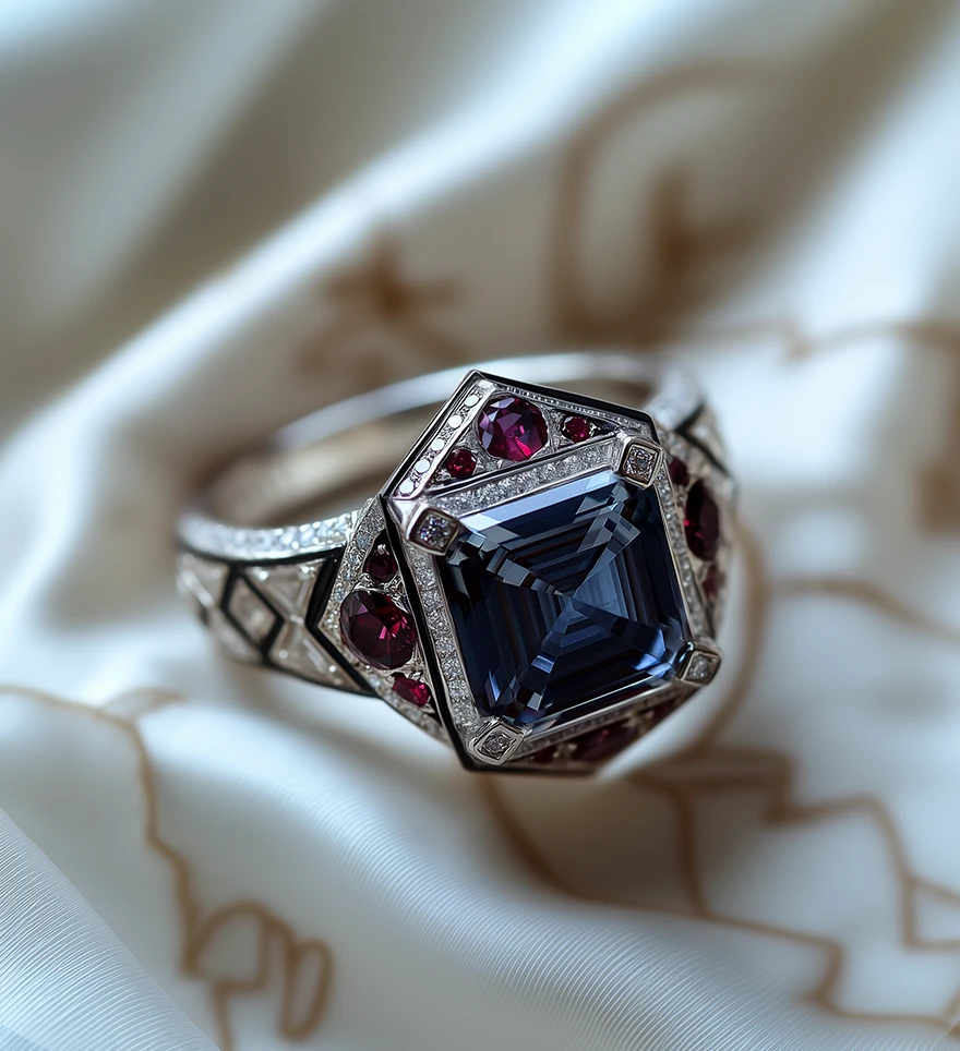 18K White Gold Sapphire Ruby and Diamond Engagement Ring. Custom Gemstone Engagement Rings. US