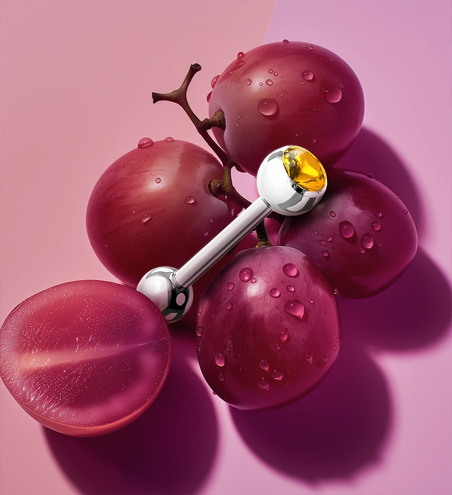18k White Gold Vertical-Midline Custom Piercing Tongue Ring With Citrine in Gold Ball. Pink purple grapes background. Custom Tongue Rings. US