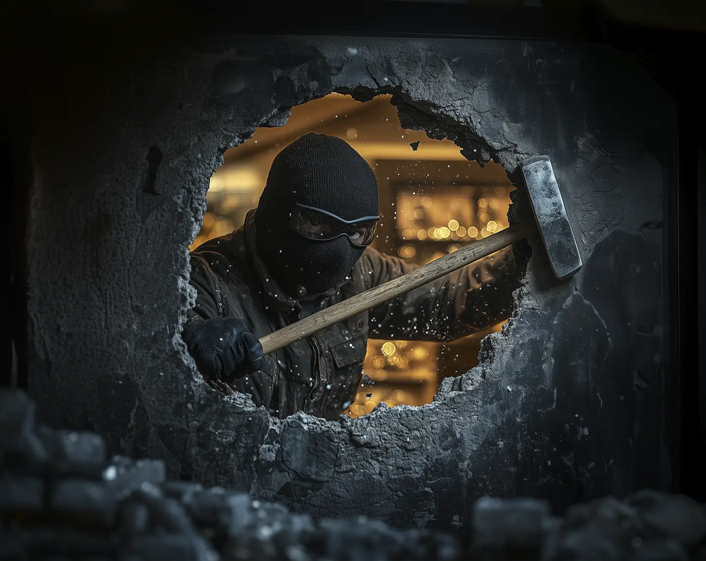 Masked thief uses sledgehammer to smash round hole in concrete wall of jewelry store. 20M Dollars Stolen in LA Jewelry Store Tunnel Robbery. News