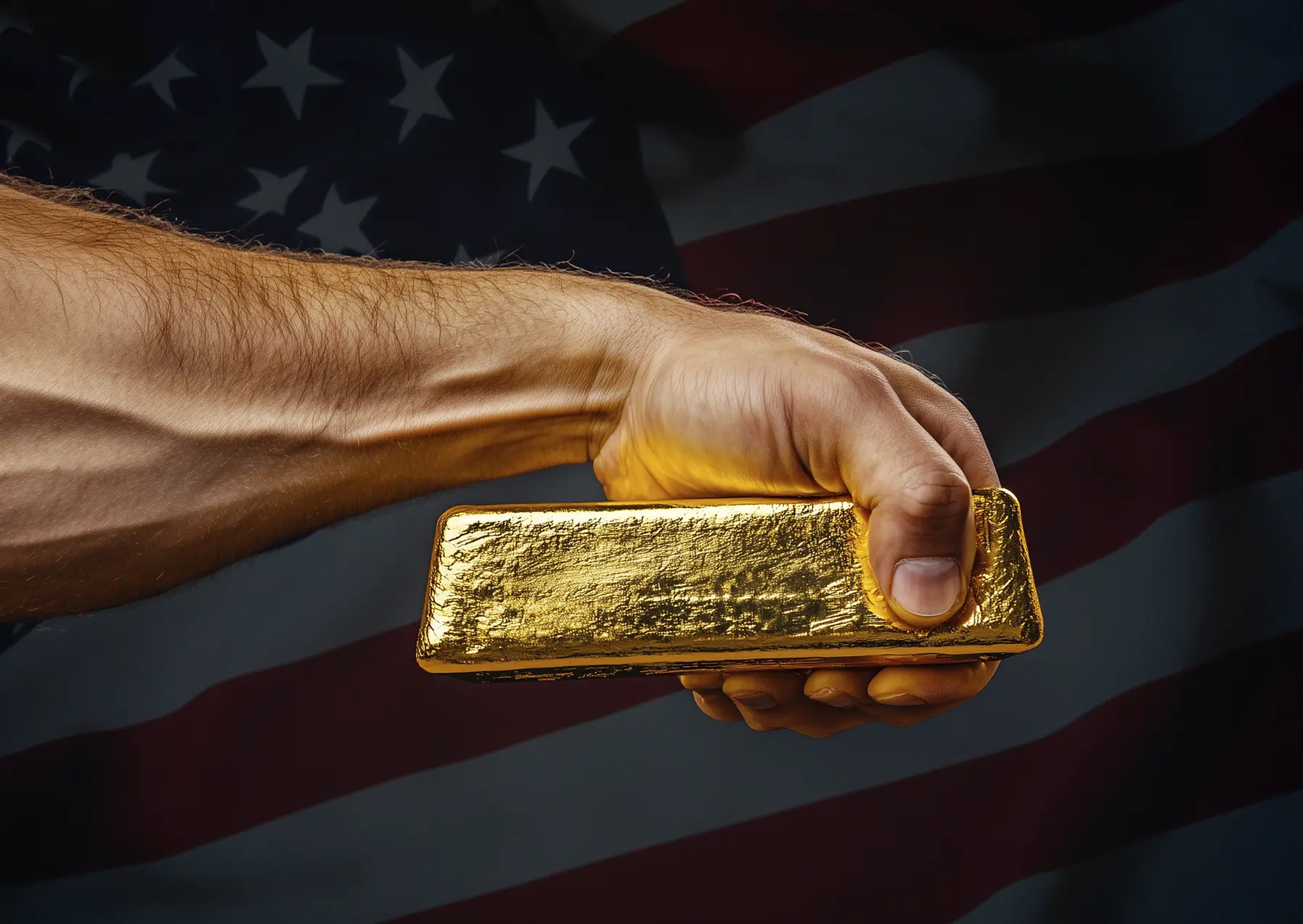 Strong male hand holding gold bar against US flag background. Gold Prices Hit a New High: Is Geopolitics to Blame? News