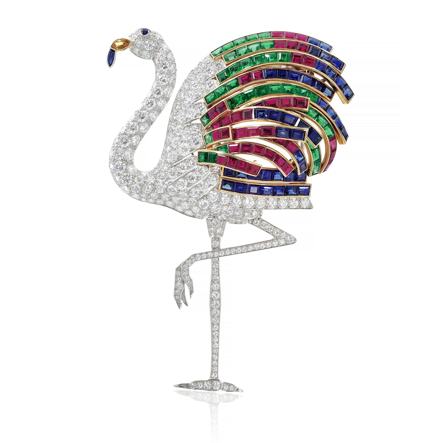 Cartier at the V&A: Where Queens, Heiresses, and Hollywood Legends Meet in Jewels. News The Duchess of Windsor's legendary rubies sapphires emeralds diamonds Cartier Flamingo brooch. 1988-1989. Cartier at the V&A: Where Queens, Heiresses, and Hollywood Legends Meet in Jewels. News