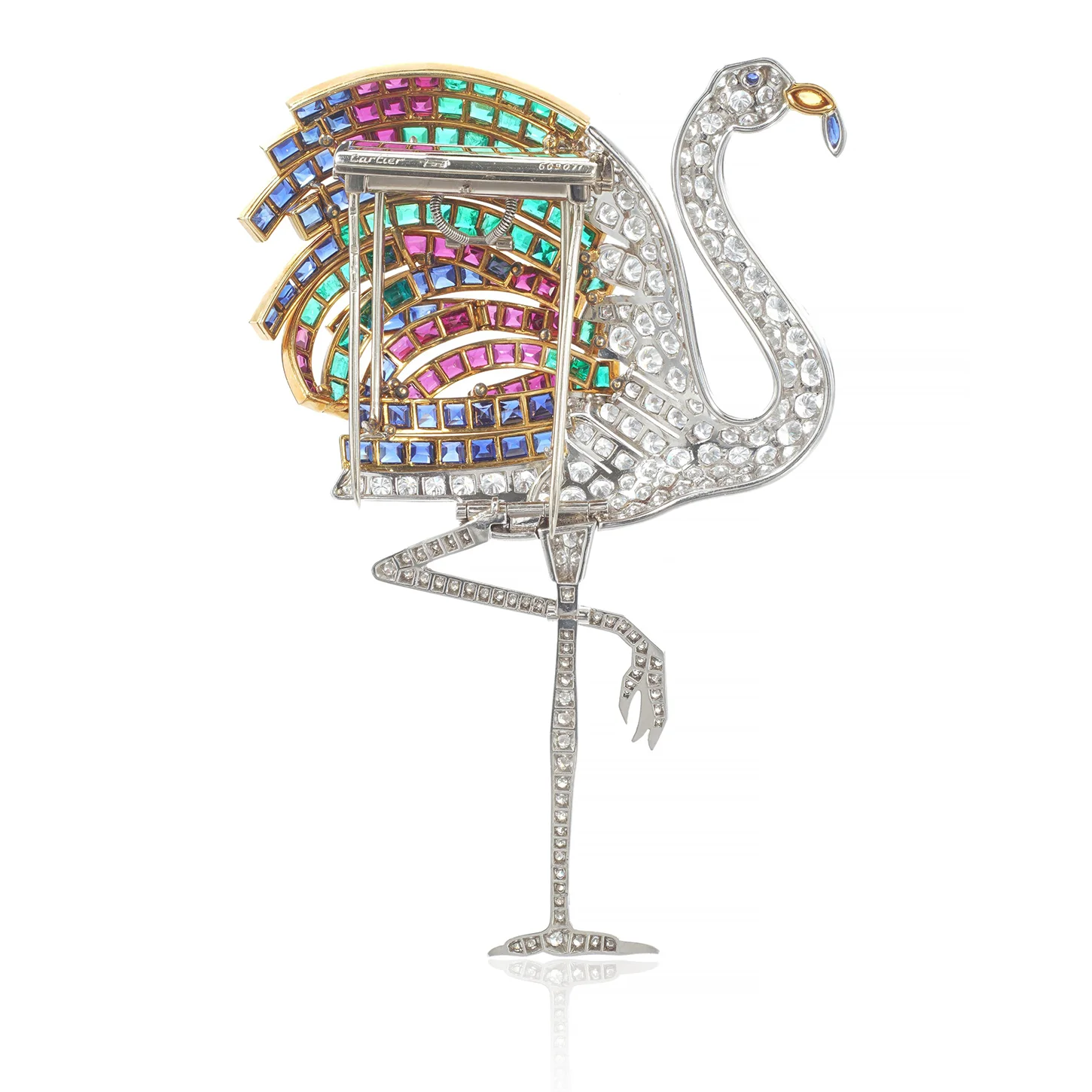 Cartier at the V&A: Where Queens, Heiresses, and Hollywood Legends Meet in Jewels. News The Duchess of Windsor's legendary rubies sapphires emeralds diamonds Cartier Flamingo brooch. 1988-1989. Rear view. Cartier at the V&A: Where Queens, Heiresses, and Hollywood Legends Meet in Jewels. News