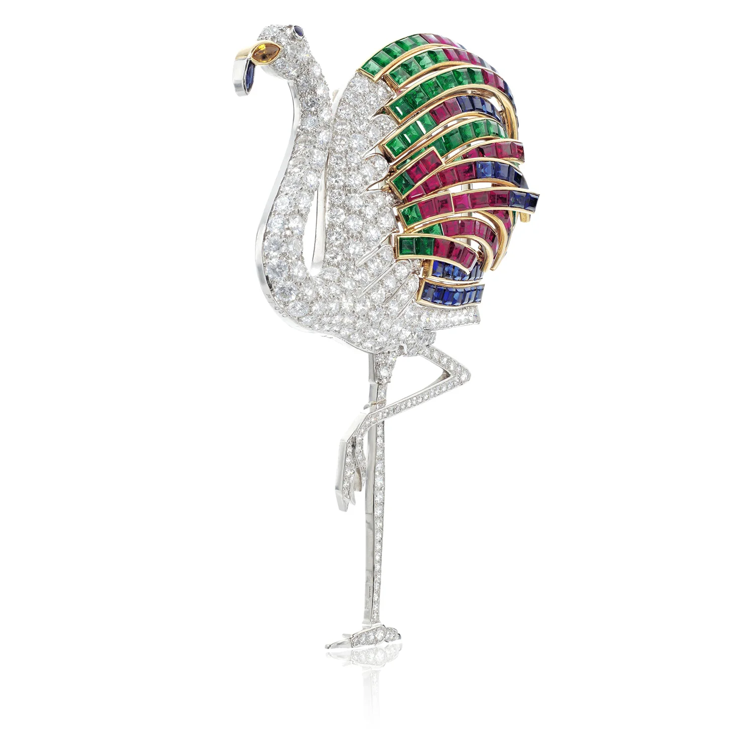Cartier at the V&A: Where Queens, Heiresses, and Hollywood Legends Meet in Jewels. News The Duchess of Windsor's legendary rubies sapphires emeralds diamonds Cartier Flamingo brooch. 1988-1989. Side view. Cartier at the V&A: Where Queens, Heiresses, and Hollywood Legends Meet in Jewels. News