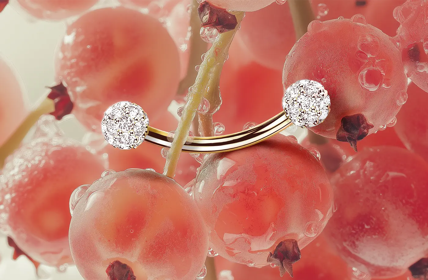Yellow Gold Frog Eyes-Venom Tongue Ring With Clear Diamonds Set in Ball on Both Sides of the Ring. Red grapes on the background. Custom Tongue Rings. US