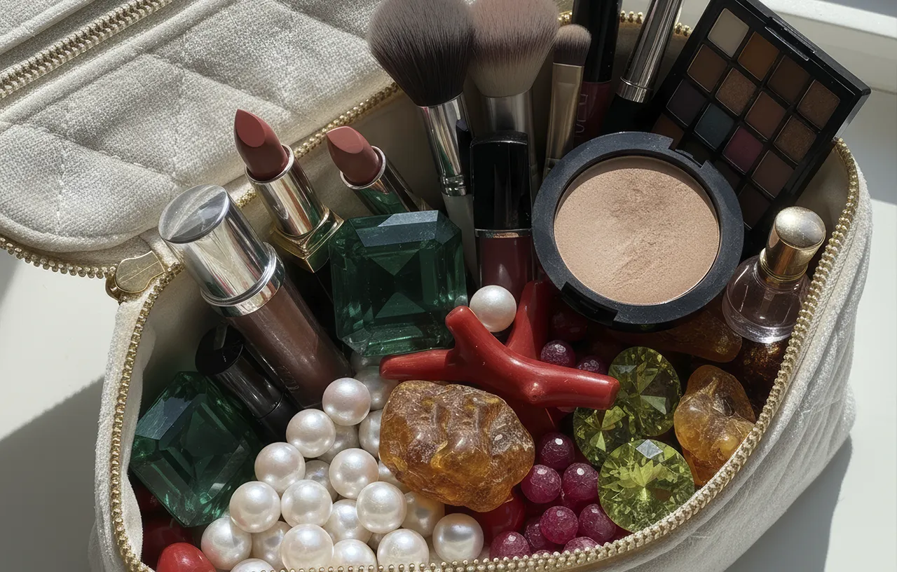 Risk Factors For Preserving Stones. Let’s Give Gems Our Care. News | Olertis Faceted Emerald, round Pearls, Red Coral, Amber, Rhodolite, and Green Peridot lie inside a woman’s makeup bag. News