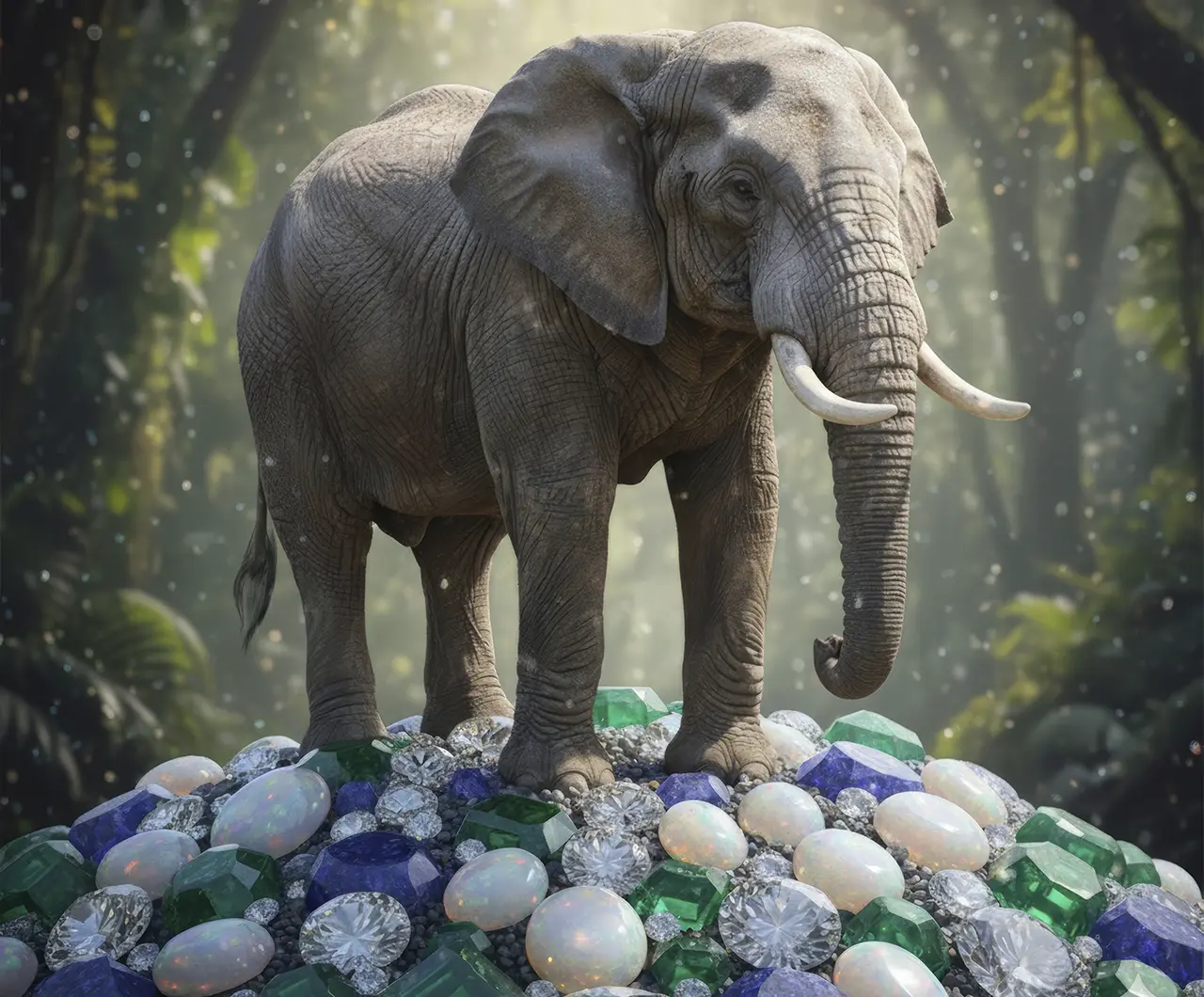 Risk Factors For Preserving Stones. Let’s Give Gems Our Care. News | Olertis A real elephant is standing on gemstones — Emerald, Opal, Tanzanite, Moonstone, and Diamond. News