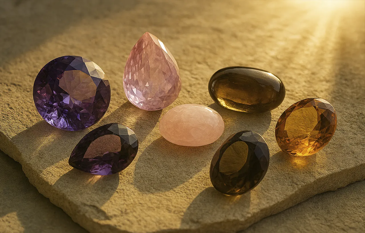Risk Factors For Preserving Stones. Let’s Give Gems Our Care. News | Olertis The sun shines on the faceted stones — Amethyst, Kunzite, Rose Quartz, Smoky Quartz, Amber, and Topaz — lying on a light-colored stone. News