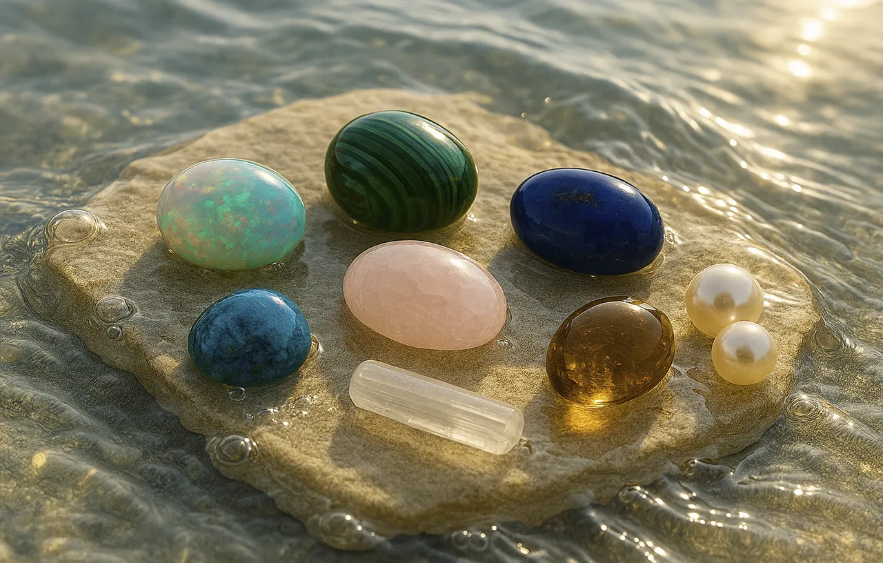 Risk Factors For Preserving Stones. Let’s Give Gems Our Care. News | Olertis Opal, Turquoise, Malachite, Lapis Lazuli, Selenite, and Pearls lie in the sea water on a light-colored stone. News