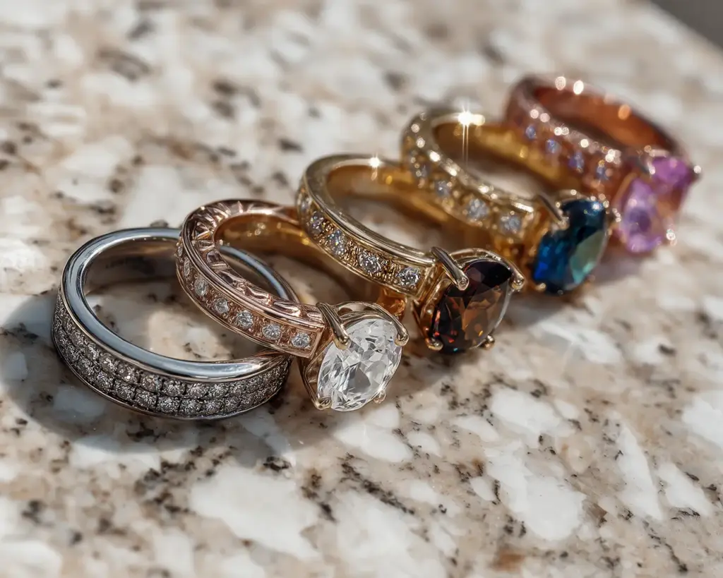 Five rings made of solid gold in different colors, with gemstones and different prices. Custom Jewelry Cost Guide. US