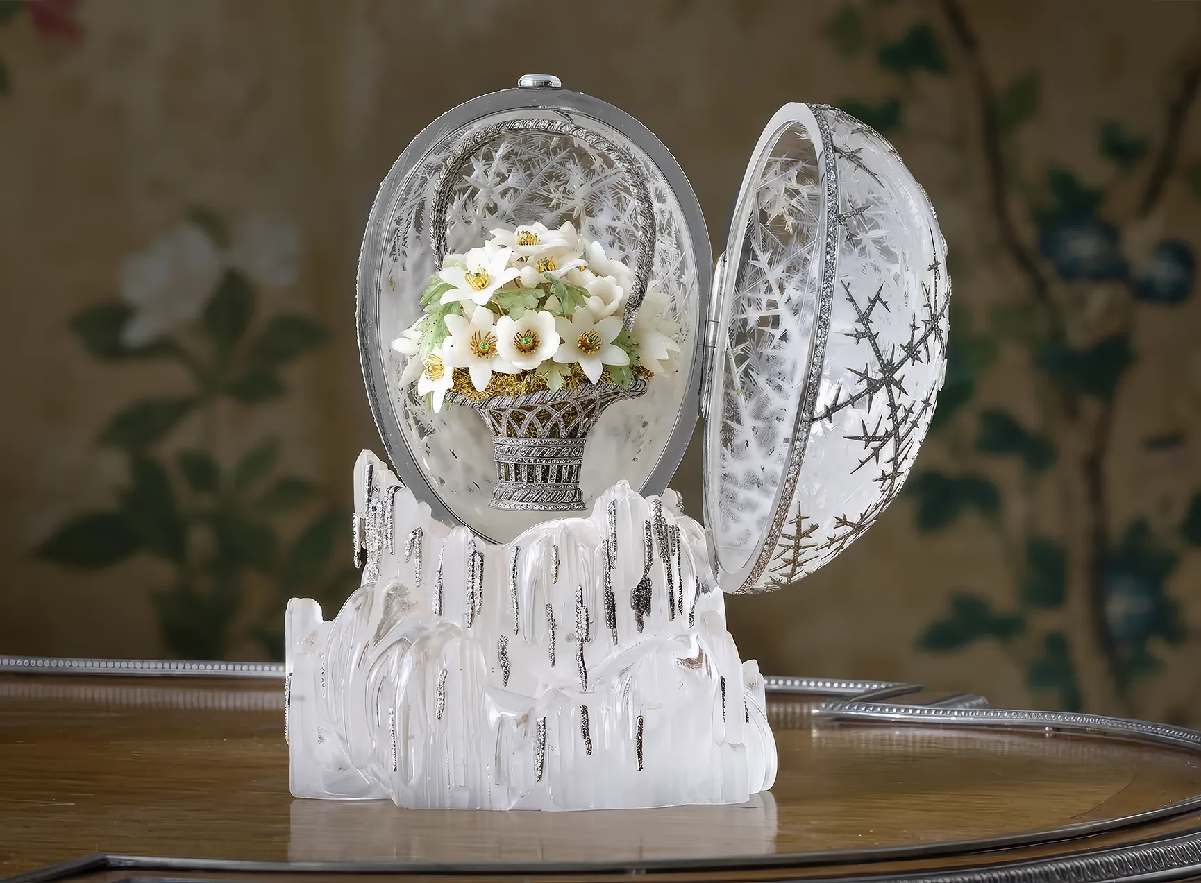 The Winter Egg features rock crystal carved like ice, platinum details, and thousands of diamonds. Inside, it holds a delicate quartz flower basket, making it one of Fabergé’s most intricate and singular creations. The 30.21M Dollars Fabergé Winter Egg: Story Behind the Record Sale. News.