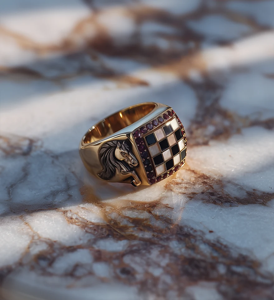 Custom 18K Yellow Gold Ruby & Enamel Horse & Chess Design Signet Ring. US