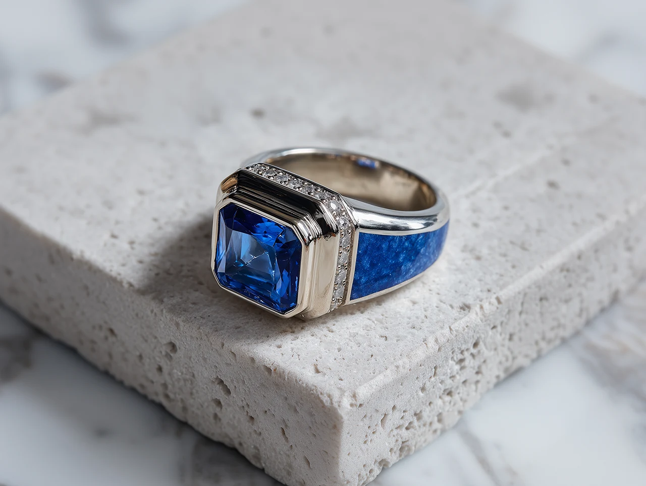Custom 18K White Gold Octagon-Cut Sapphire, Clear Diamond & Enamel Signet Ring. US