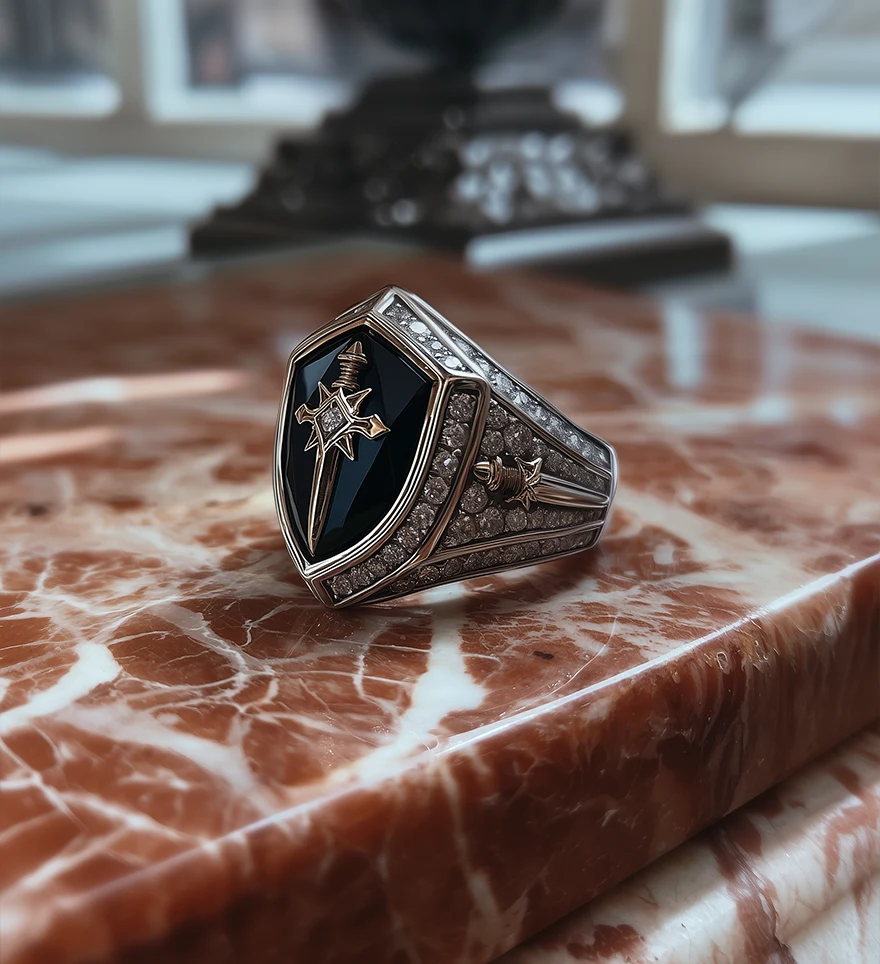 Custom 18K White Gold Diamond & Onyx Signet Ring with Knight and Swords Design. US