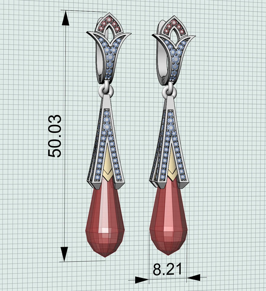 3D CAD model of custom earrings for heirloom jewelry redesign from an old piece. US