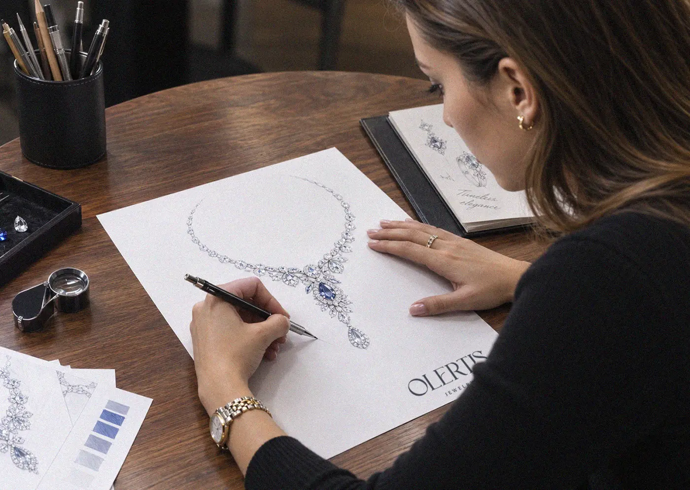 Young woman drawing a custom sapphire necklace with a pencil for the Olertis High Jewelry Design Contest.