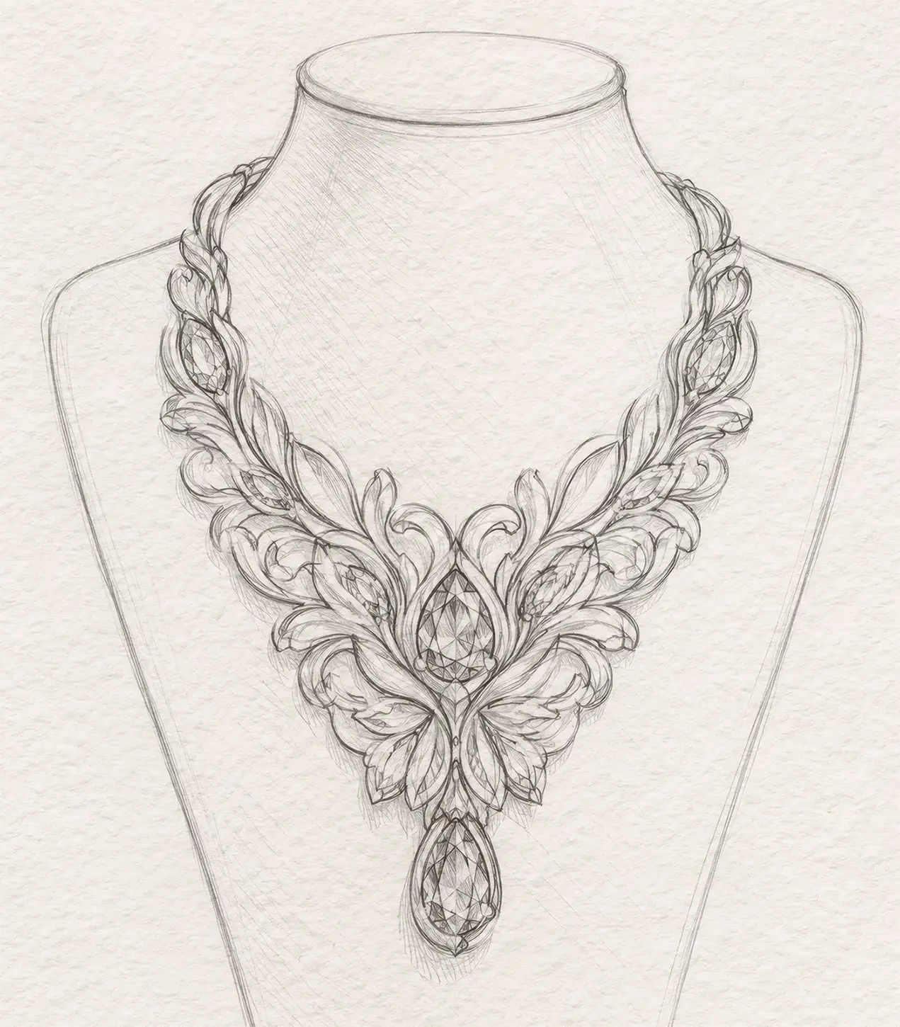 Illustration of the approximate overall size and proportions of the necklace Pencil sketch of a large custom necklace illustrating the overall proportions for contest participants.