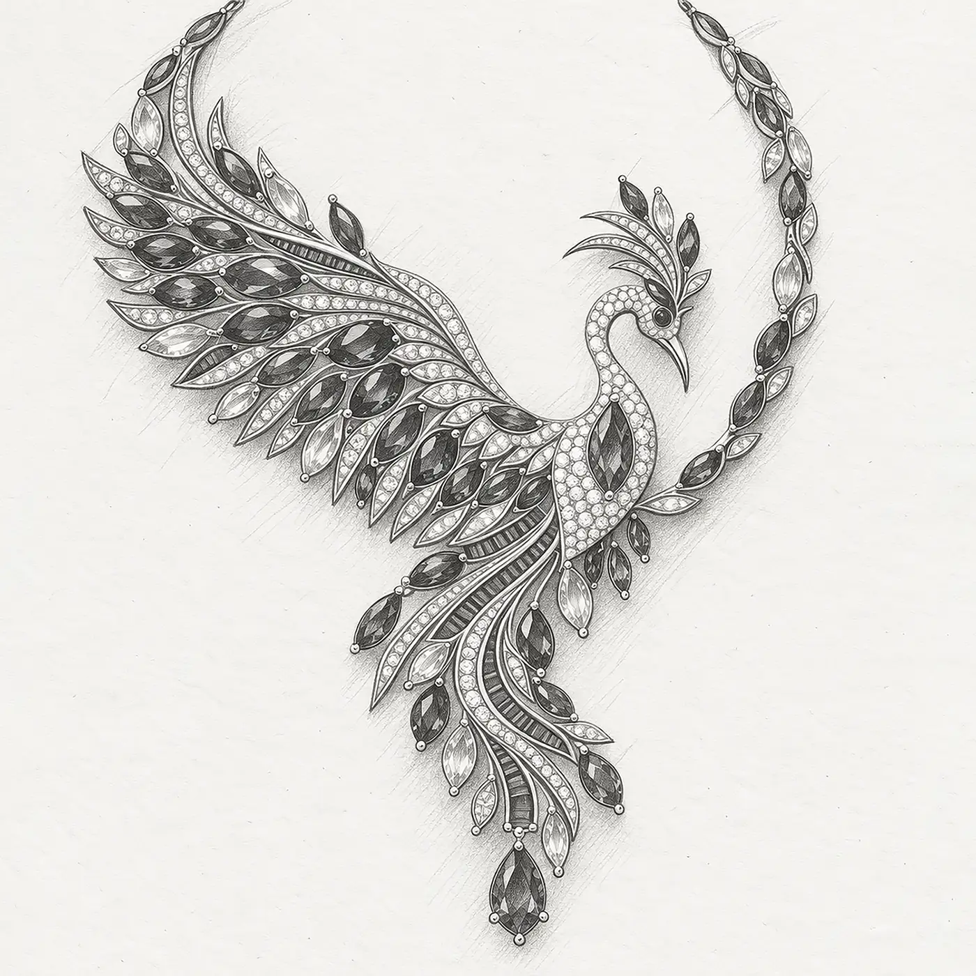 Black-and-white jewelry design sketch of Estela Soler’s 'Firebird Phoenix' necklace, featuring a stylized bird with flowing wing and feather elements.