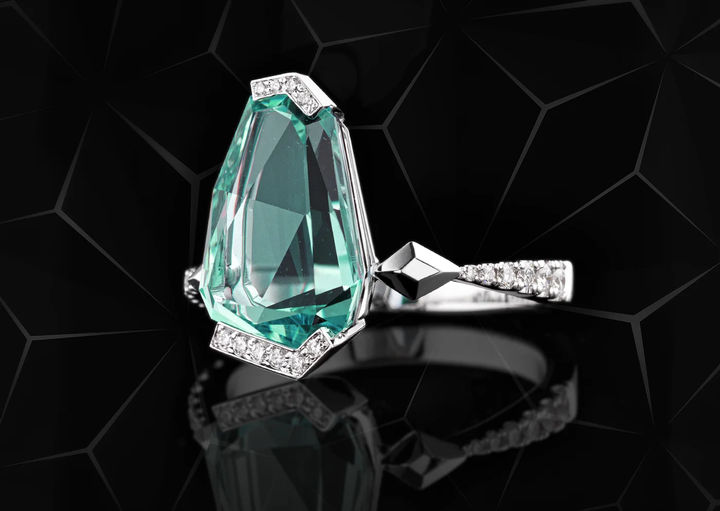 Custom platinum ring featuring a large blue-green gemstone, diamond accents, and a sculptural design.
