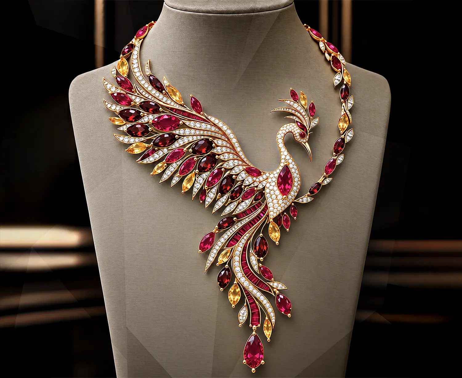 Firebird Phoenix — Winning High Jewelry Design by Estela Soler Visualization of Firebird Phoenix, Estela Soler’s winning high jewelry necklace design, shown in 18K gold with rubies, garnets, citrines and diamonds.