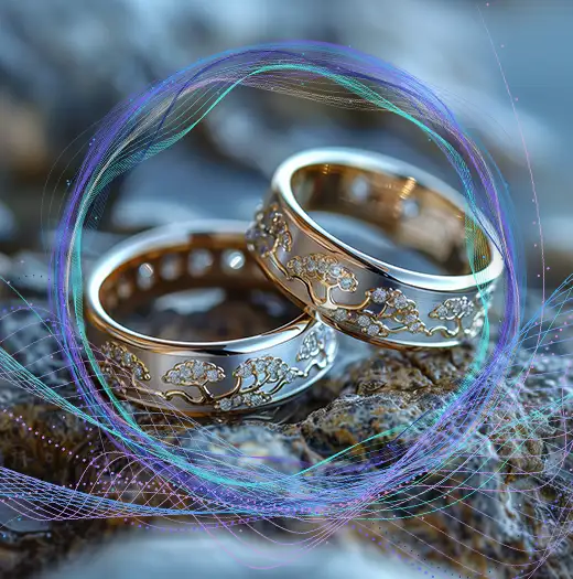 Two ornate ring designs with gemstones and colorful digital light trails, illustrating the Olertis AI Jewelry Studio.