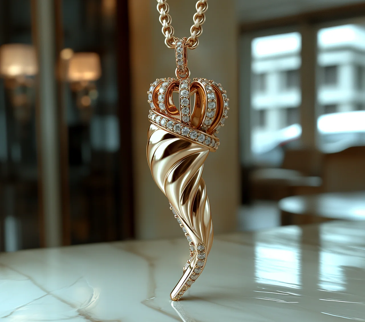 Crowned Horn Pendant Concept | Olertis AI Jewelry Studio AI-generated custom jewelry concept featuring a gold horn pendant with a diamond-set crown.