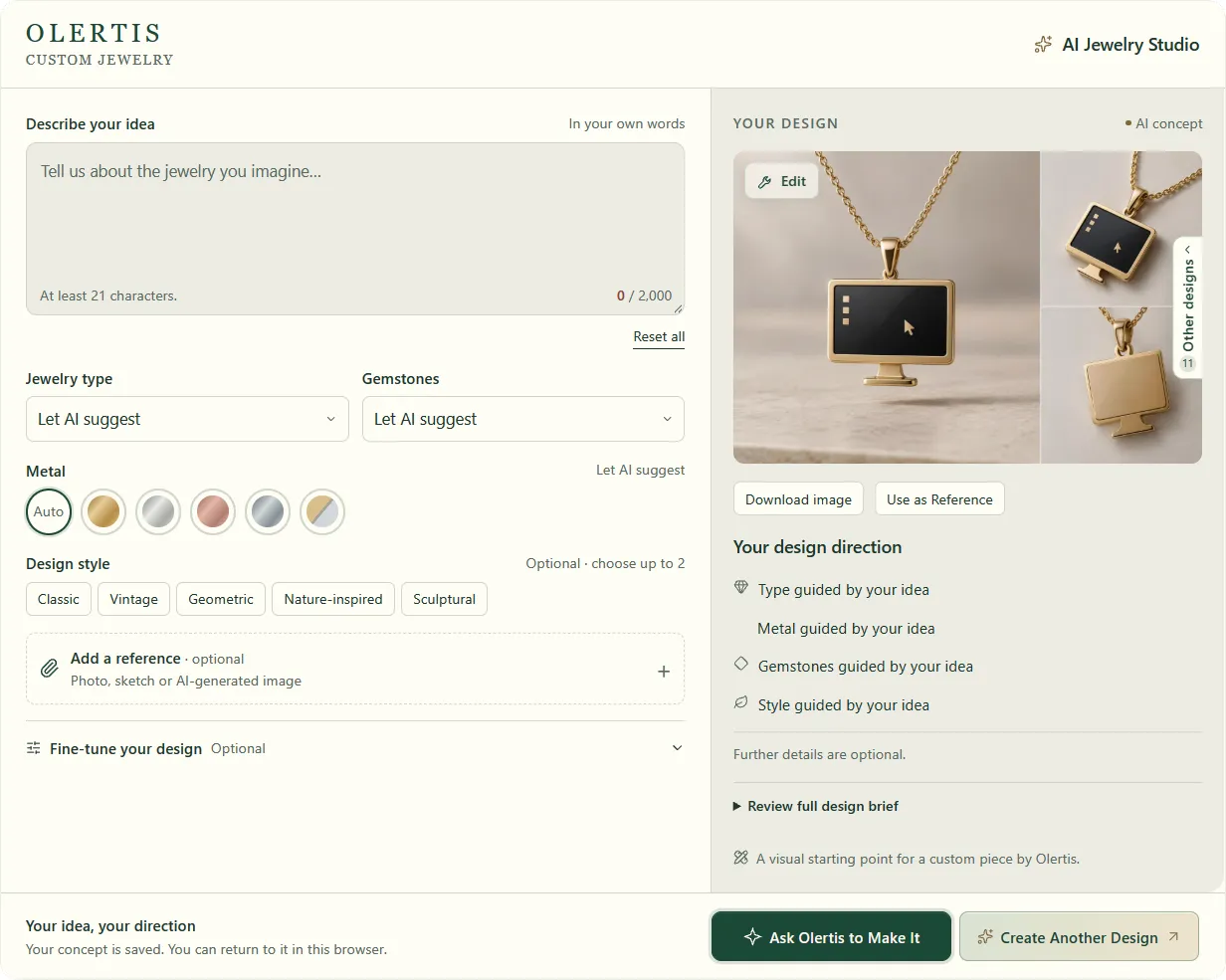 Olertis AI Jewelry Studio interface with design options and an AI-generated gold pendant concept shaped like a computer monitor.