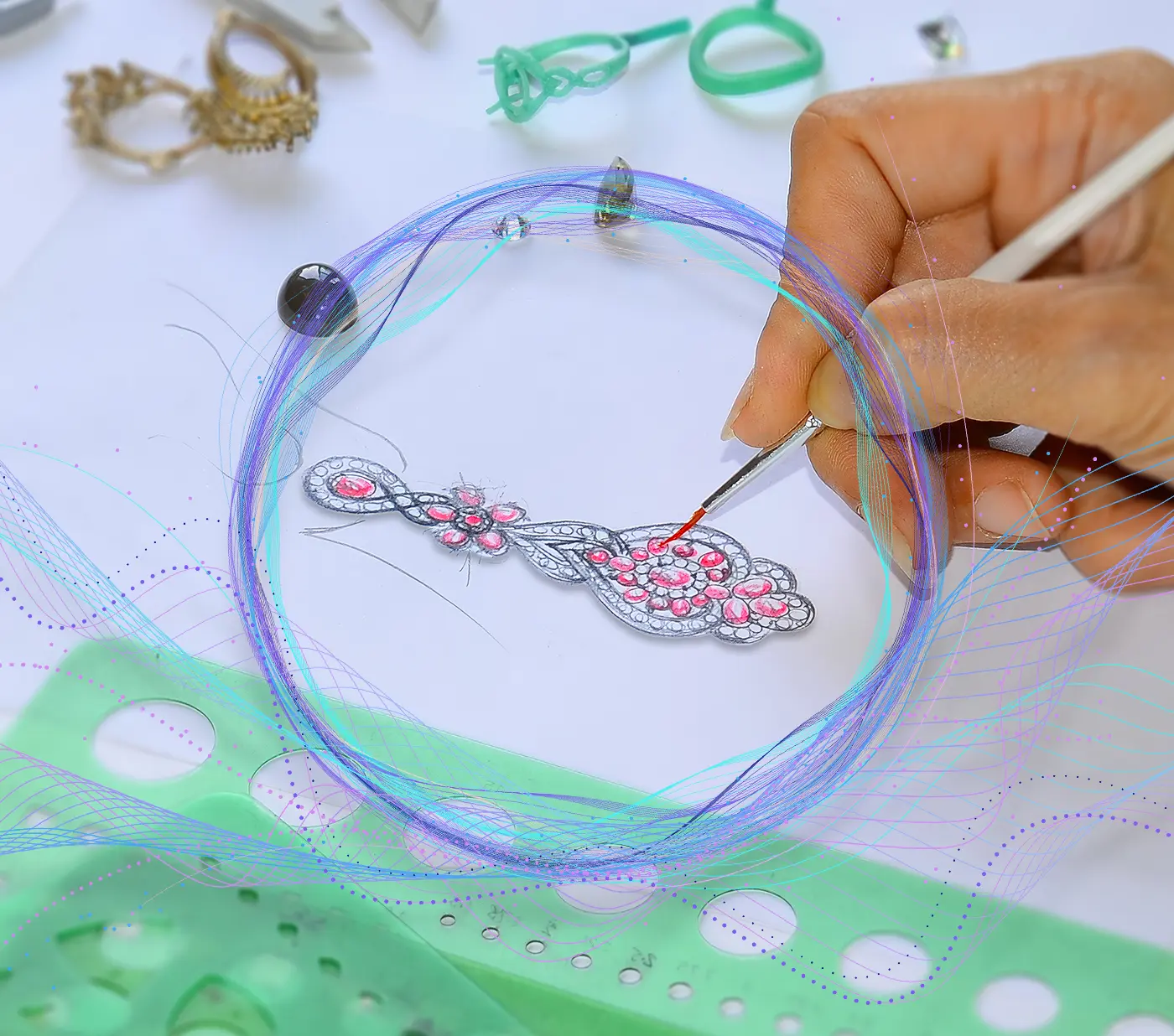 Hand coloring a floral jewelry sketch with pink gemstones, framed by digital light trails for the Olertis AI Jewelry Studio.