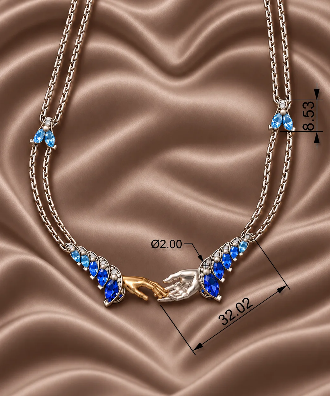 Custom necklace visualization for Olertis AI Jewelry Studio, featuring yellow and white gold hands, blue topazes, graduated blue sapphires, diamonds and dimension annotations.