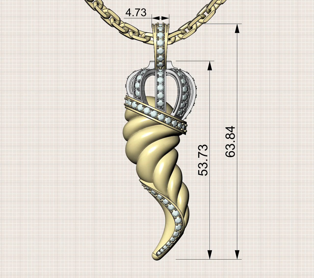 Crowned Horn Pendant - 3D CAD Design | Olertis 3D CAD model of a custom crowned horn pendant, showing stone settings and dimensions.
